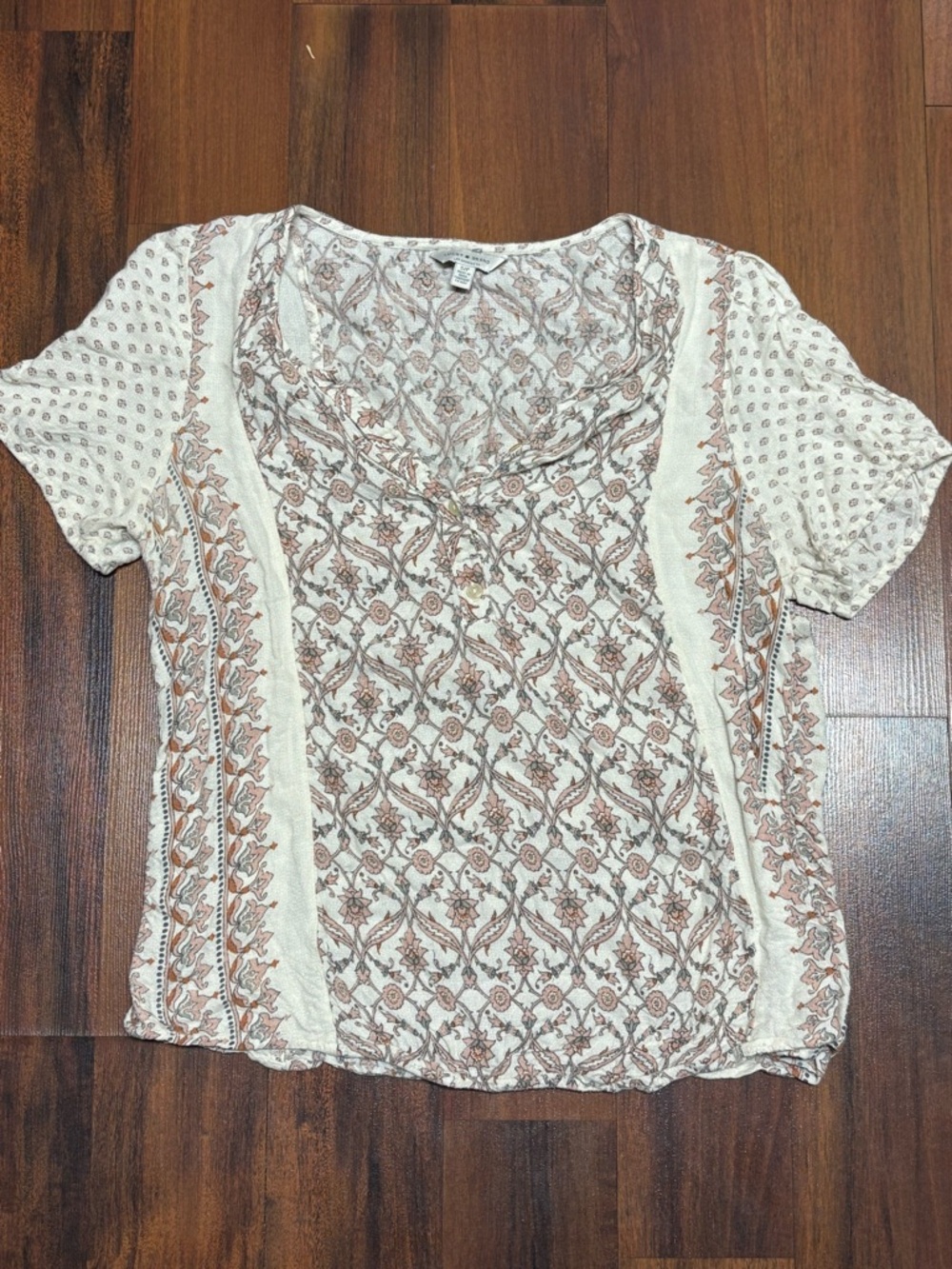 Lucky Brand Cream Short Sleeve Boho Print Tee with Brown Accents